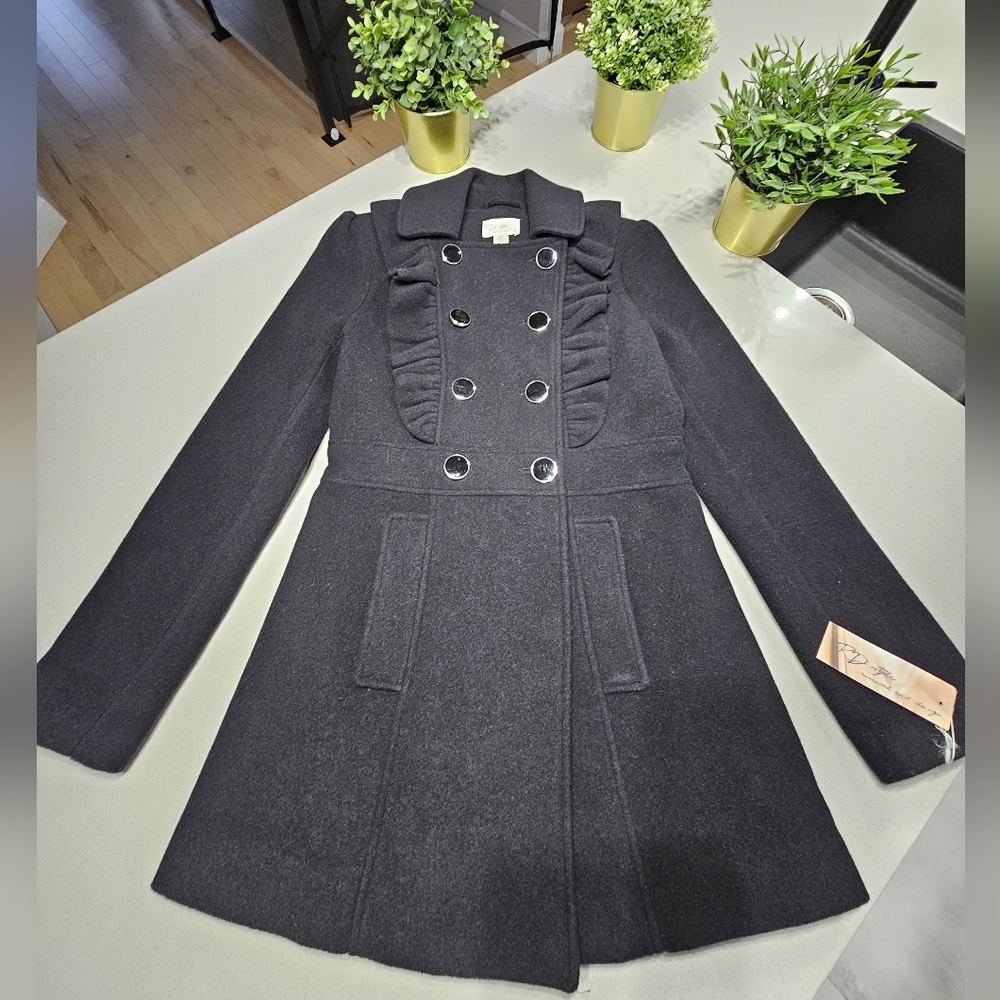 NWT Superbe manteau en laine noir à double boutonnage